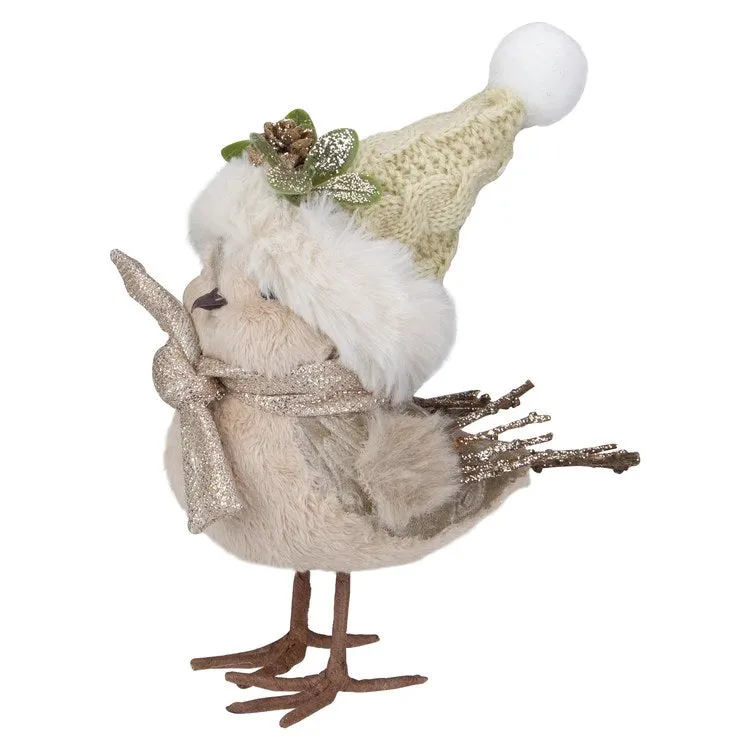 8" Beige and White Plush Bird In Santa Hat Christmas Figurine