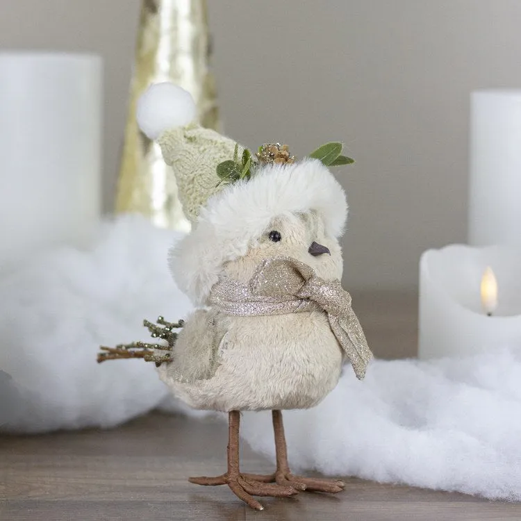 8" Beige and White Plush Bird In Santa Hat Christmas Figurine