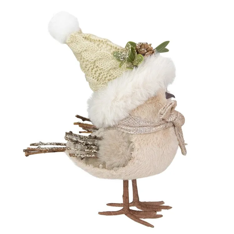 8" Beige and White Plush Bird In Santa Hat Christmas Figurine