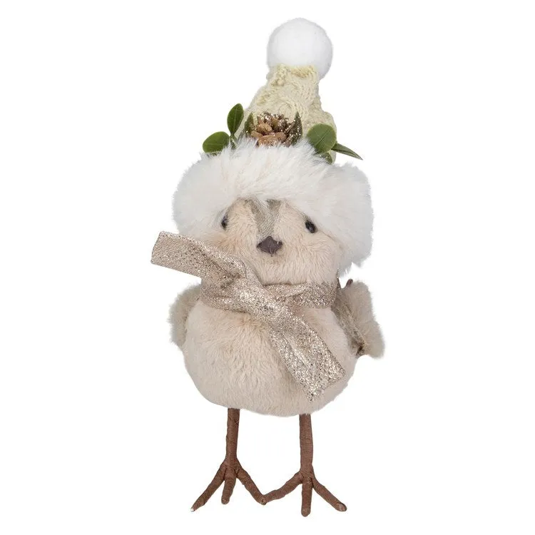 8" Beige and White Plush Bird In Santa Hat Christmas Figurine