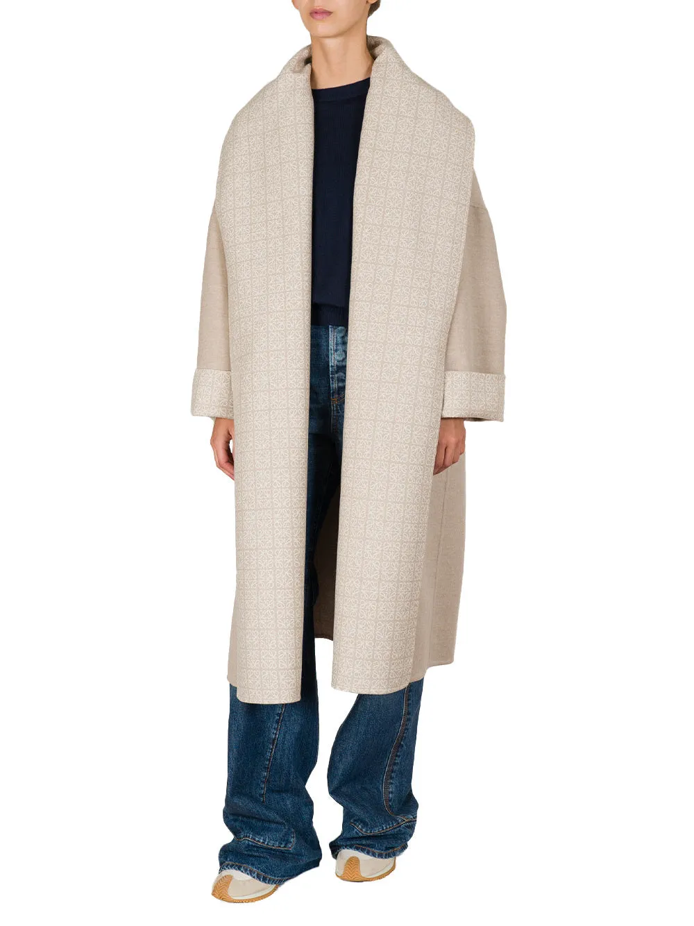 Anagram jacquard belted coat