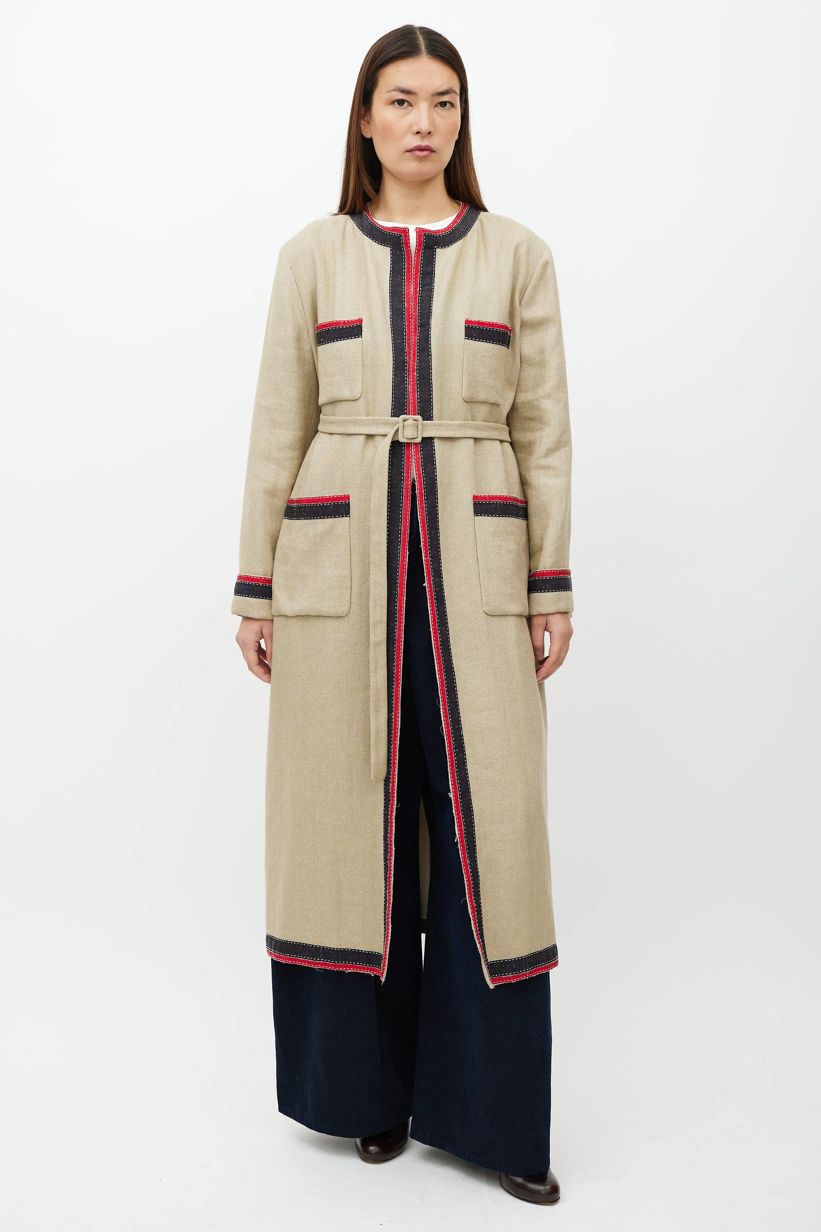 Beige & Multicolour Belted Wool Coat