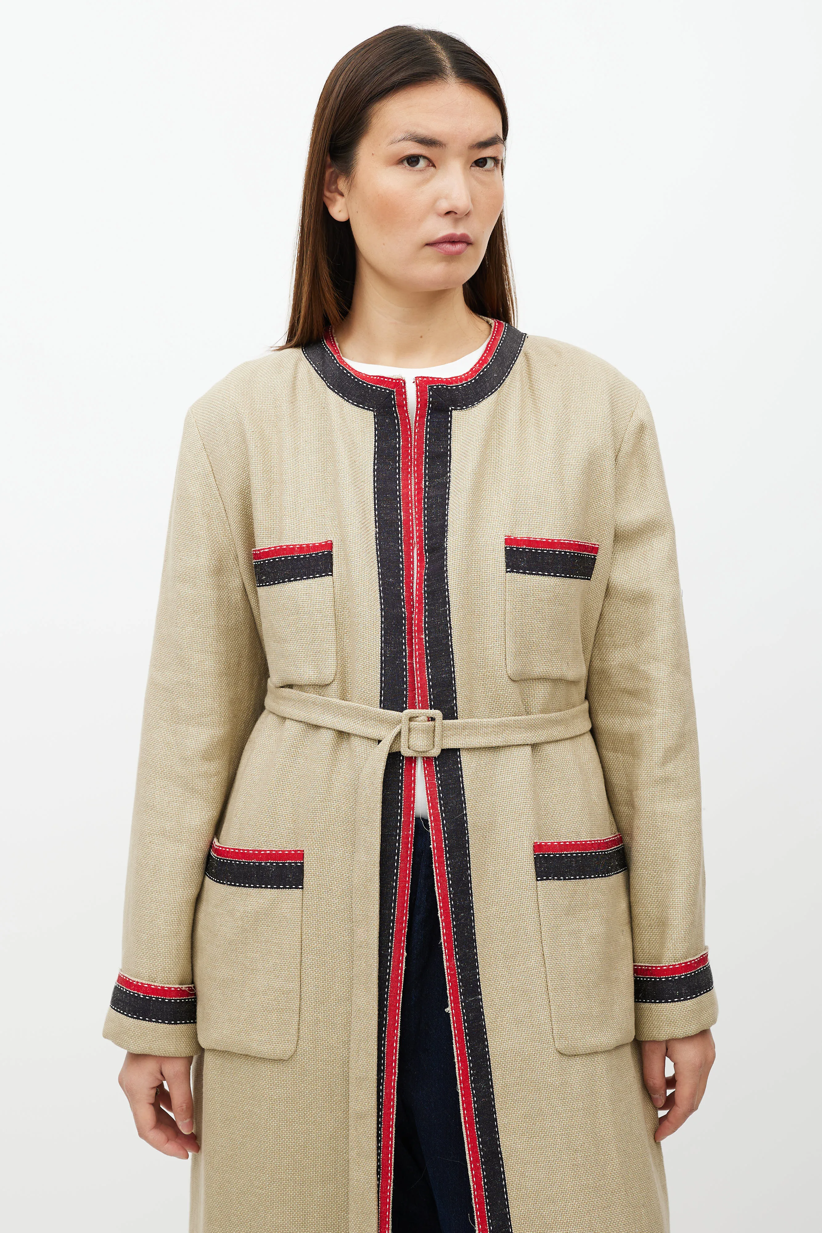 Beige & Multicolour Belted Wool Coat