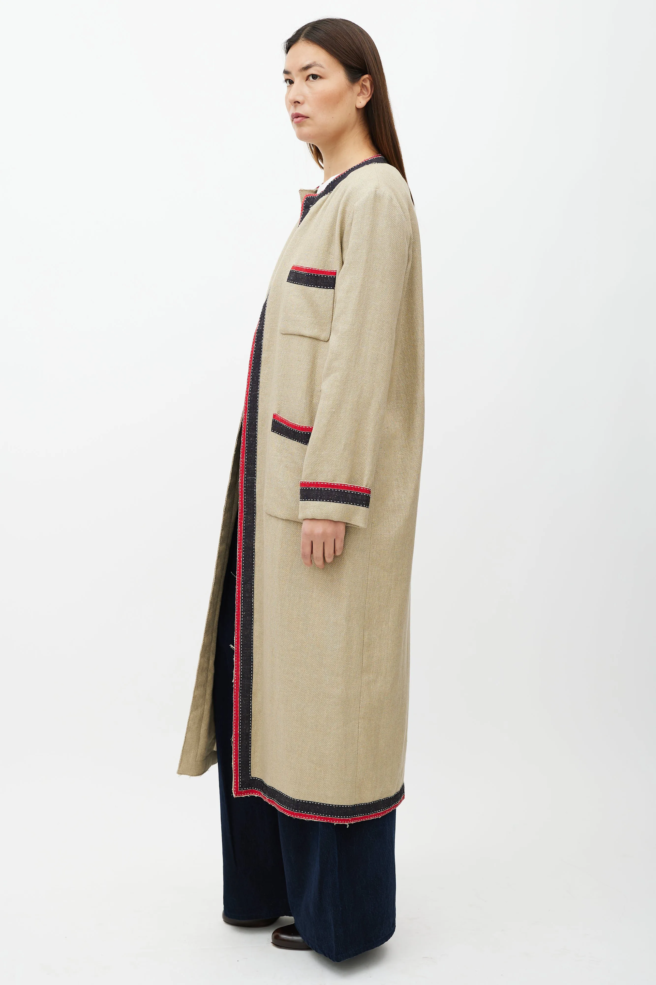 Beige & Multicolour Belted Wool Coat