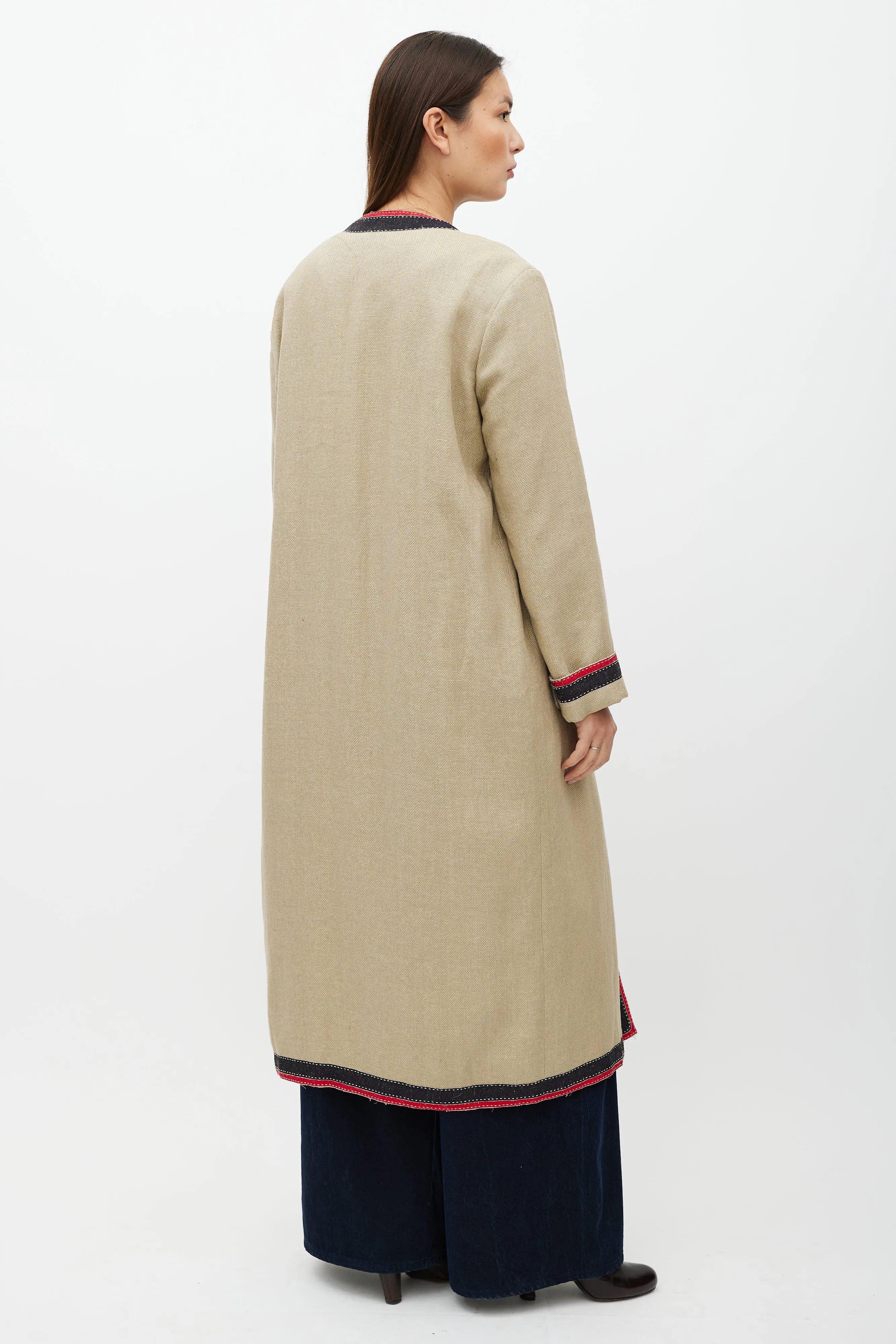 Beige & Multicolour Belted Wool Coat