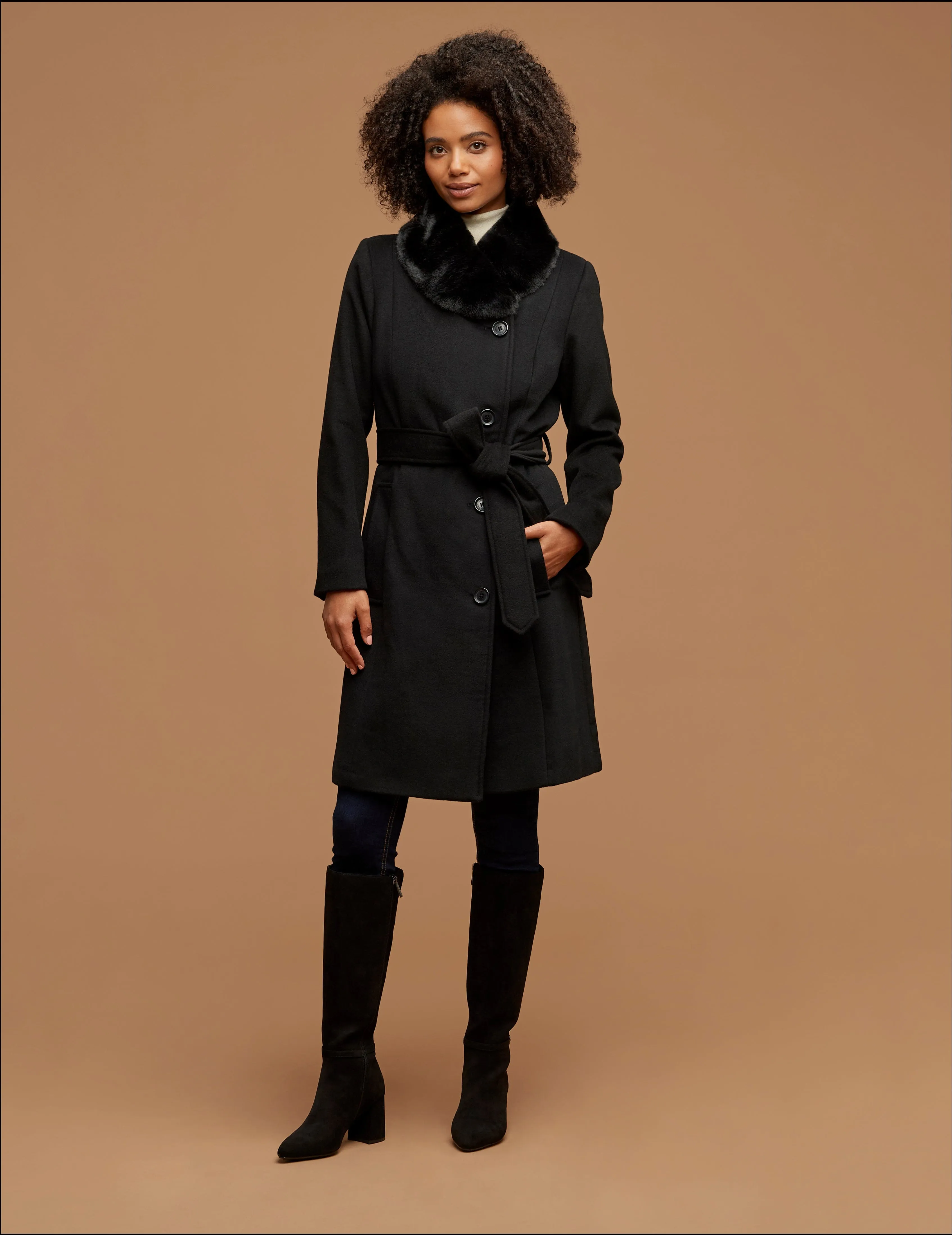 Belted Wrap Wool Coat With Fur Collar