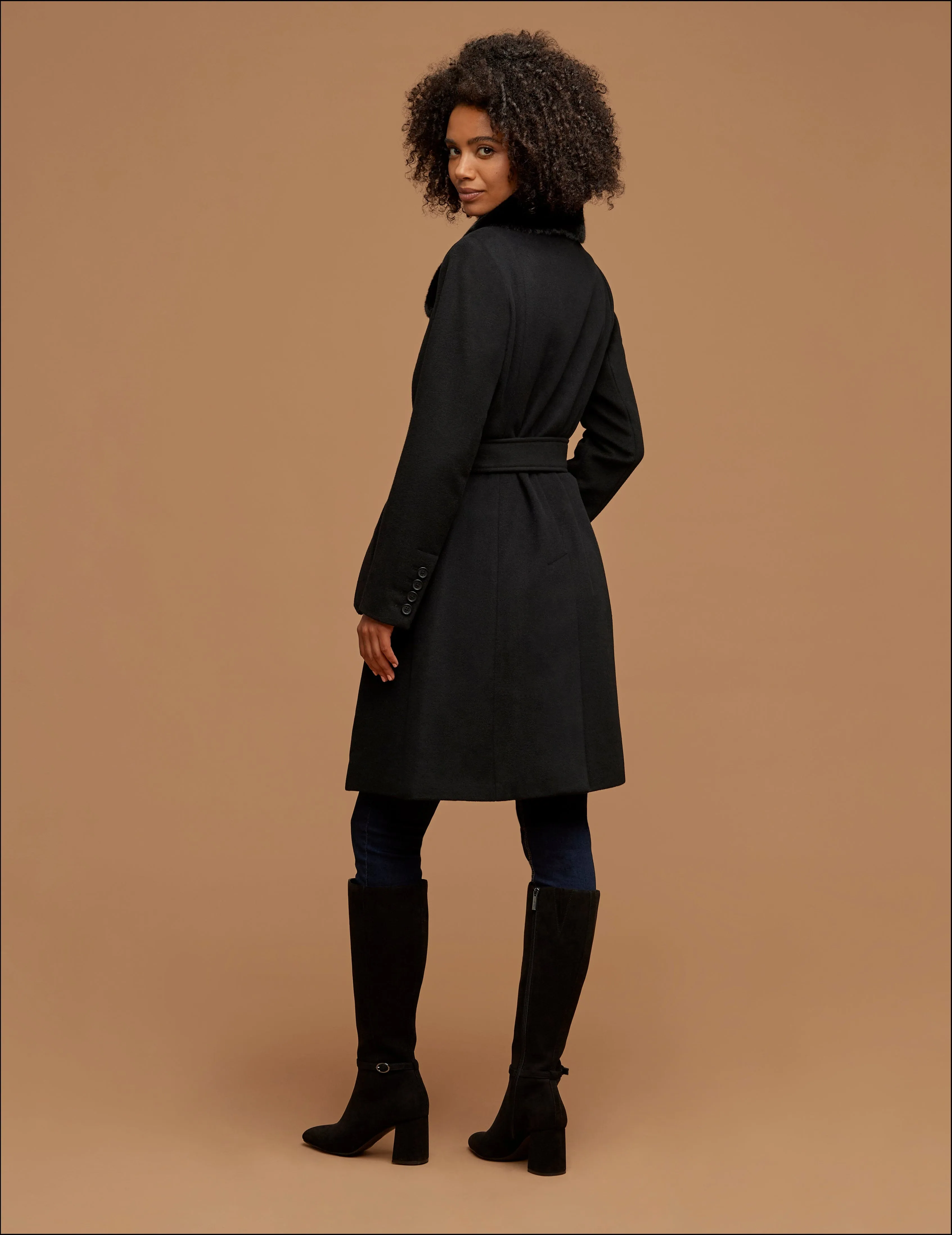 Belted Wrap Wool Coat With Fur Collar