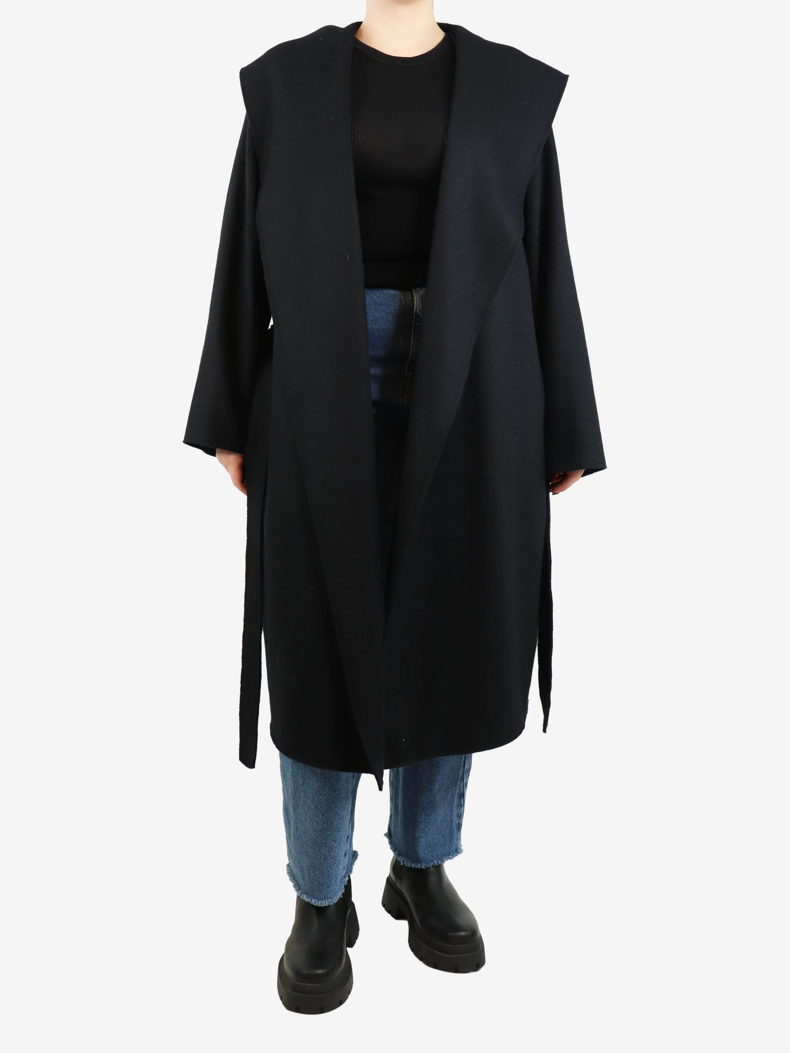 Black belted hooded wool coat - size L