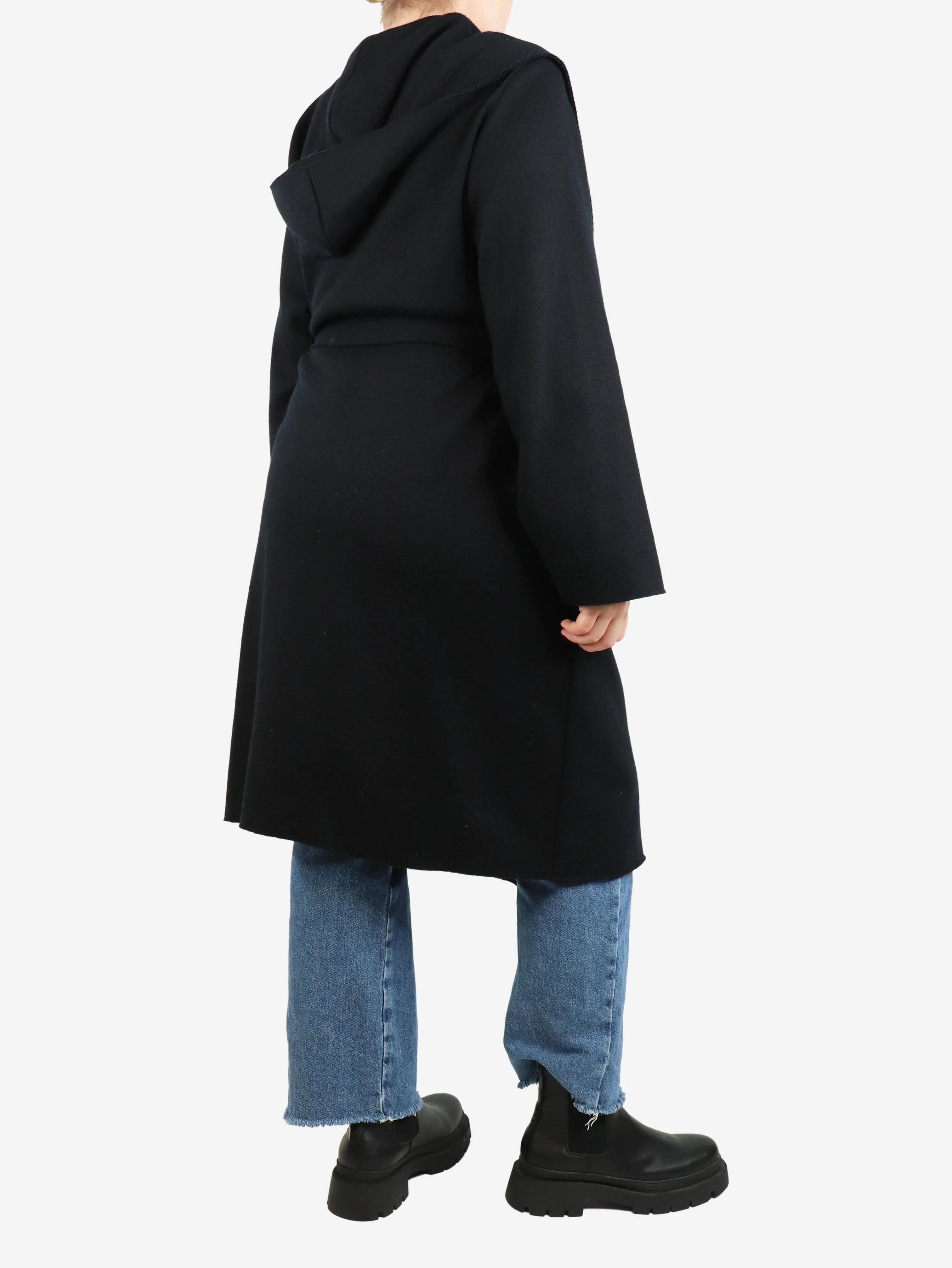 Black belted hooded wool coat - size L