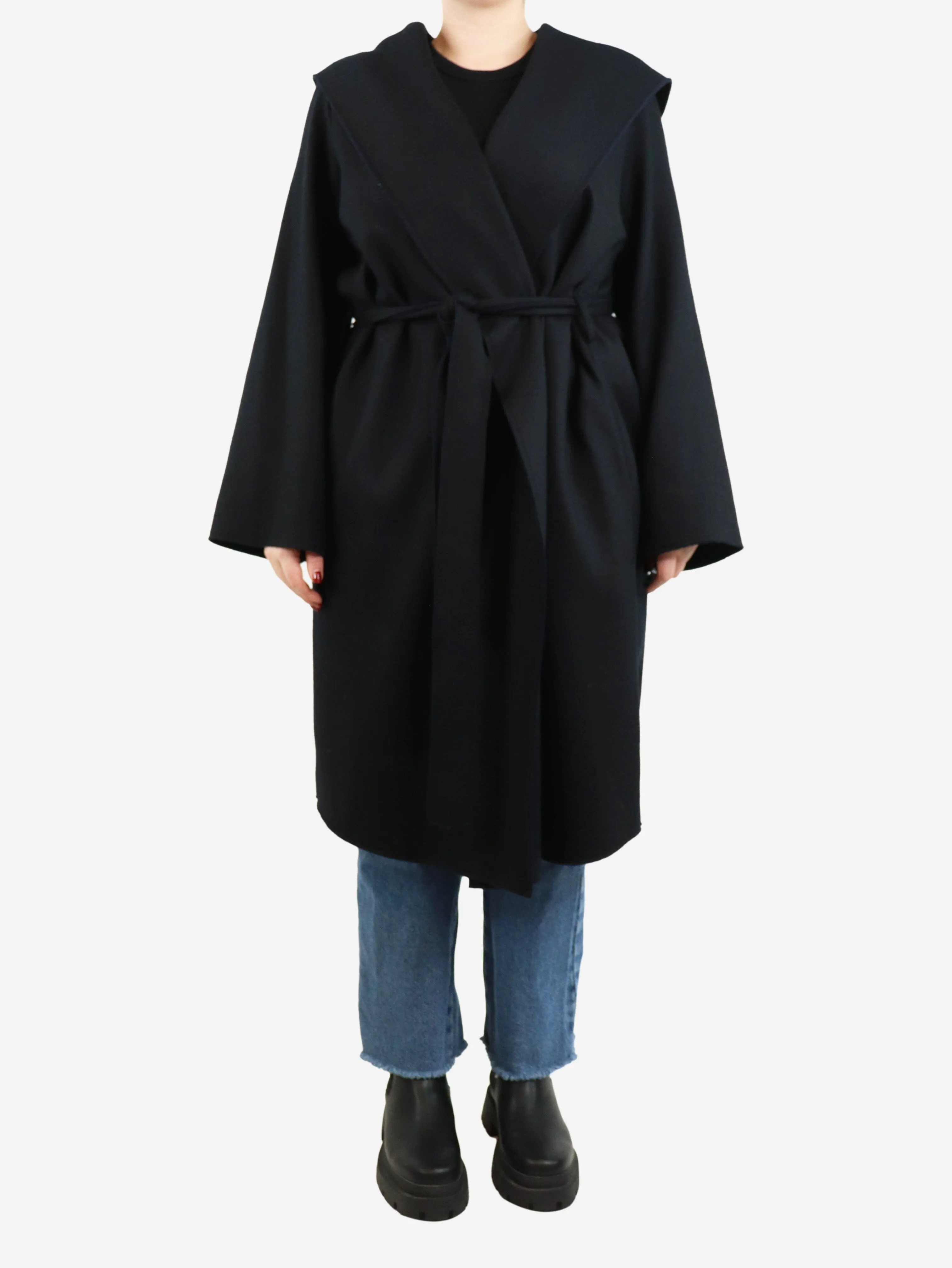 Black belted hooded wool coat - size L