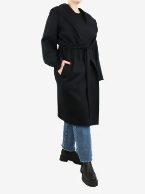 Black belted hooded wool coat - size L