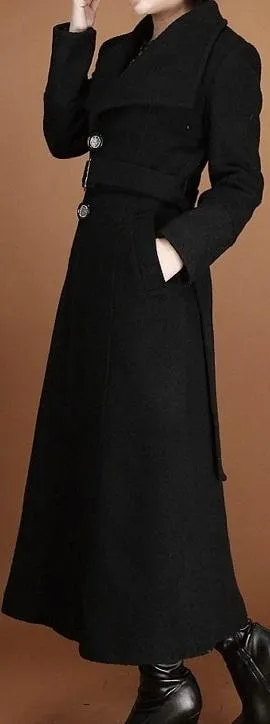 Black Single-Breasted Long Belted Wool Coat