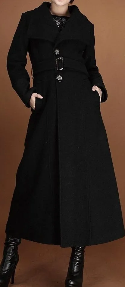 Black Single-Breasted Long Belted Wool Coat