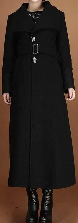 Black Single-Breasted Long Belted Wool Coat