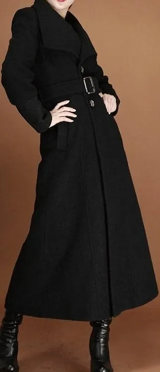 Black Single-Breasted Long Belted Wool Coat