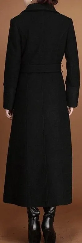 Black Single-Breasted Long Belted Wool Coat