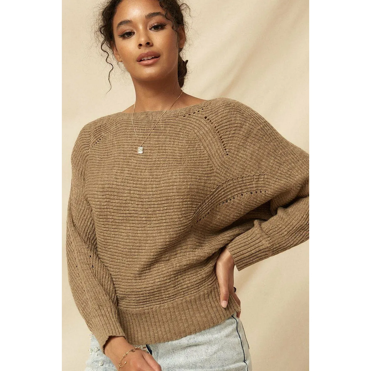 Brown Funky Ribbed Knit Sweater