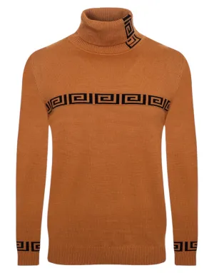 Camel Greek Key Italian Designer Men's Turtleneck Sweater Regular-Fit SW-146