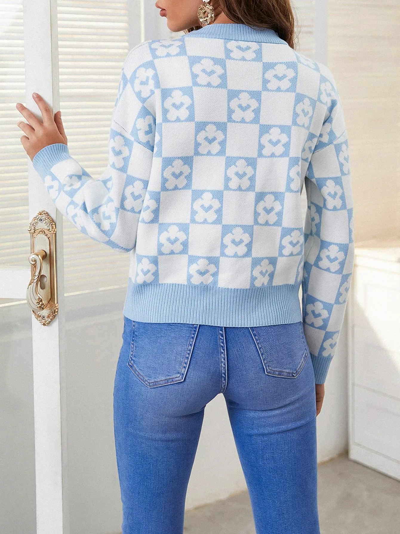 Checkerboard Ribbed Trim Crewneck Sweater