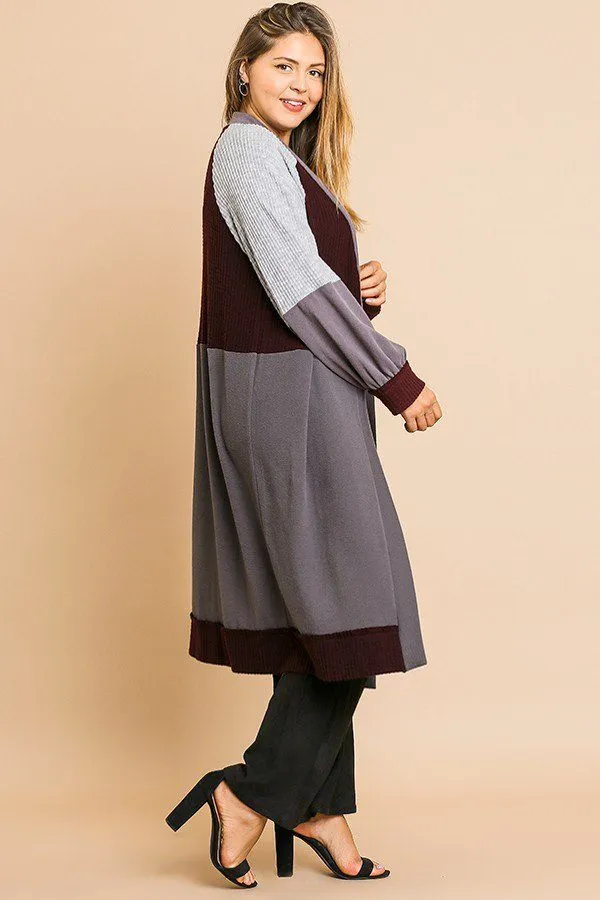 Colorblocked Long Puff Sleeve Ribbed Knit Long Open Front Sweater Cardigan