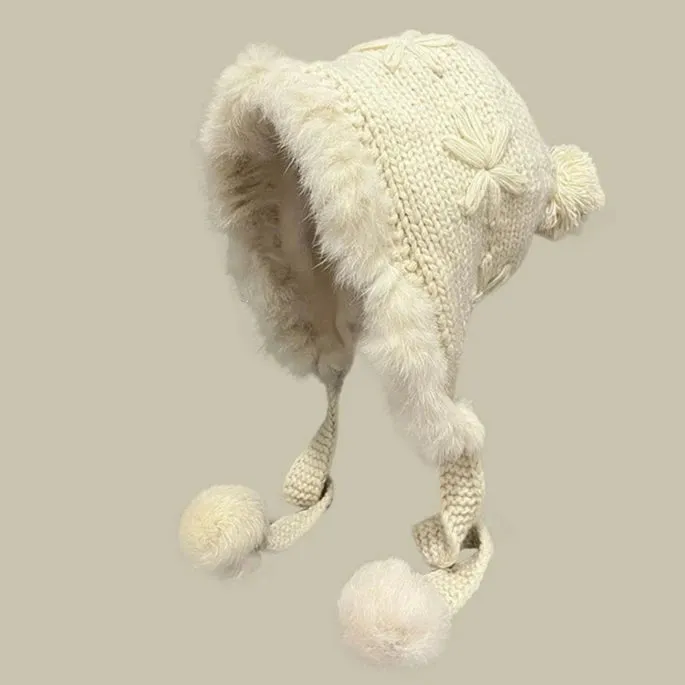 Hand-Knitted Rabbit Fur Thunder Front Hat  Sweet Winter Warmth with Cute Furball