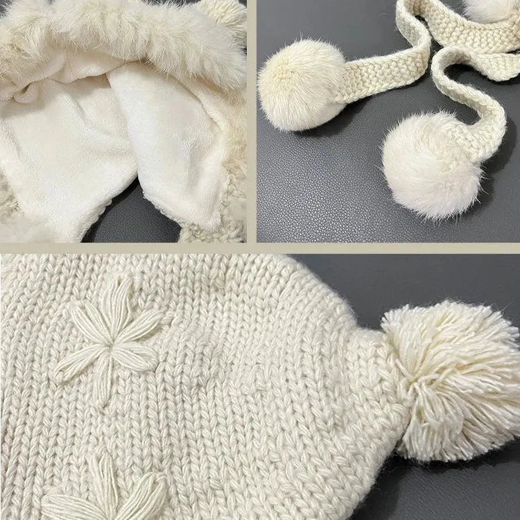 Hand-Knitted Rabbit Fur Thunder Front Hat  Sweet Winter Warmth with Cute Furball