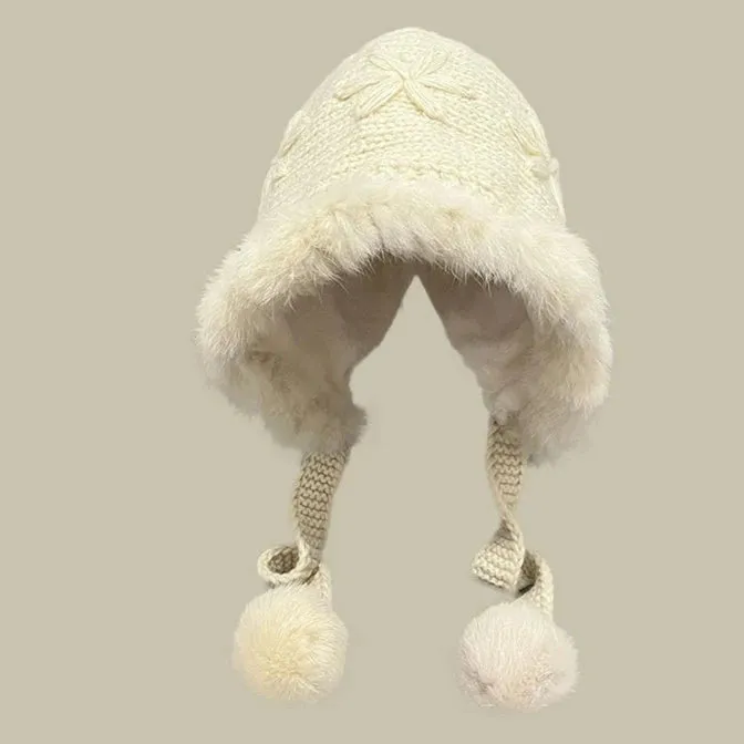 Hand-Knitted Rabbit Fur Thunder Front Hat  Sweet Winter Warmth with Cute Furball