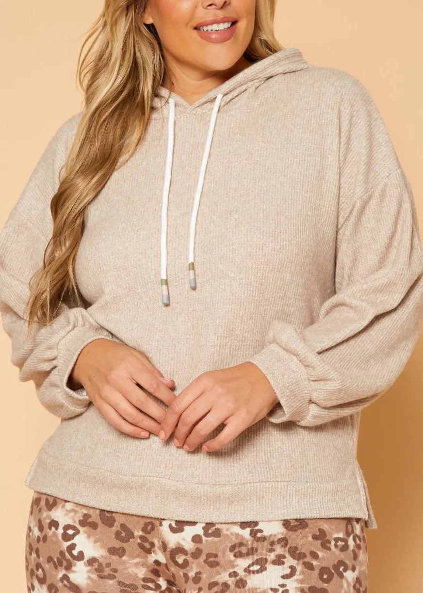 HI Curvy Plus Size Women Ribbed Knit Hooded Sweater