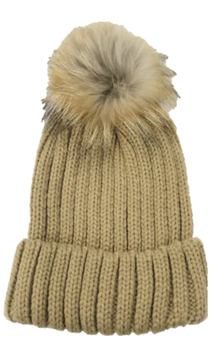 KNITTED HAT WITH FUR POM - BLACK