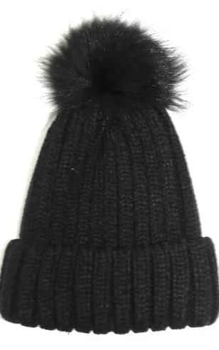 KNITTED HAT WITH FUR POM - BLACK