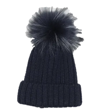 KNITTED HAT WITH FUR POM - BLACK