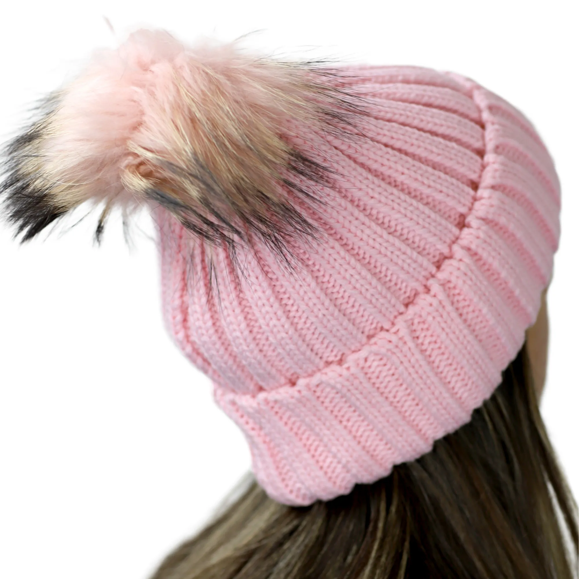 KNITTED HAT WITH FUR POM - BLACK