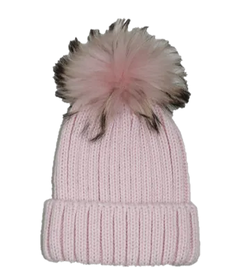 KNITTED HAT WITH FUR POM - BLACK