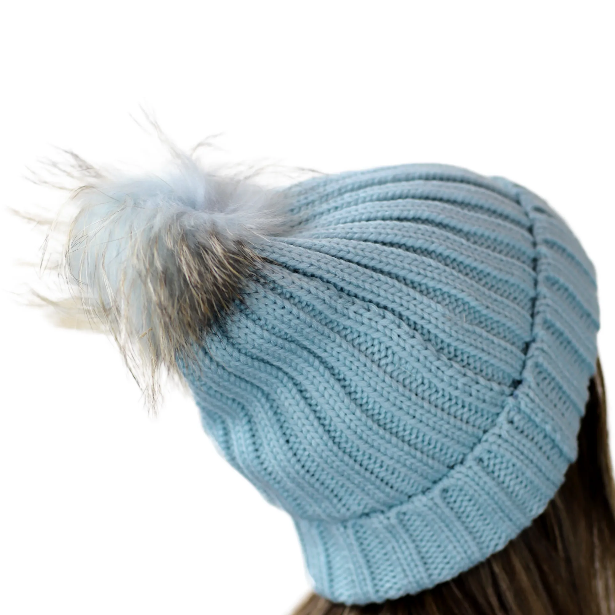 KNITTED HAT WITH FUR POM - BLACK