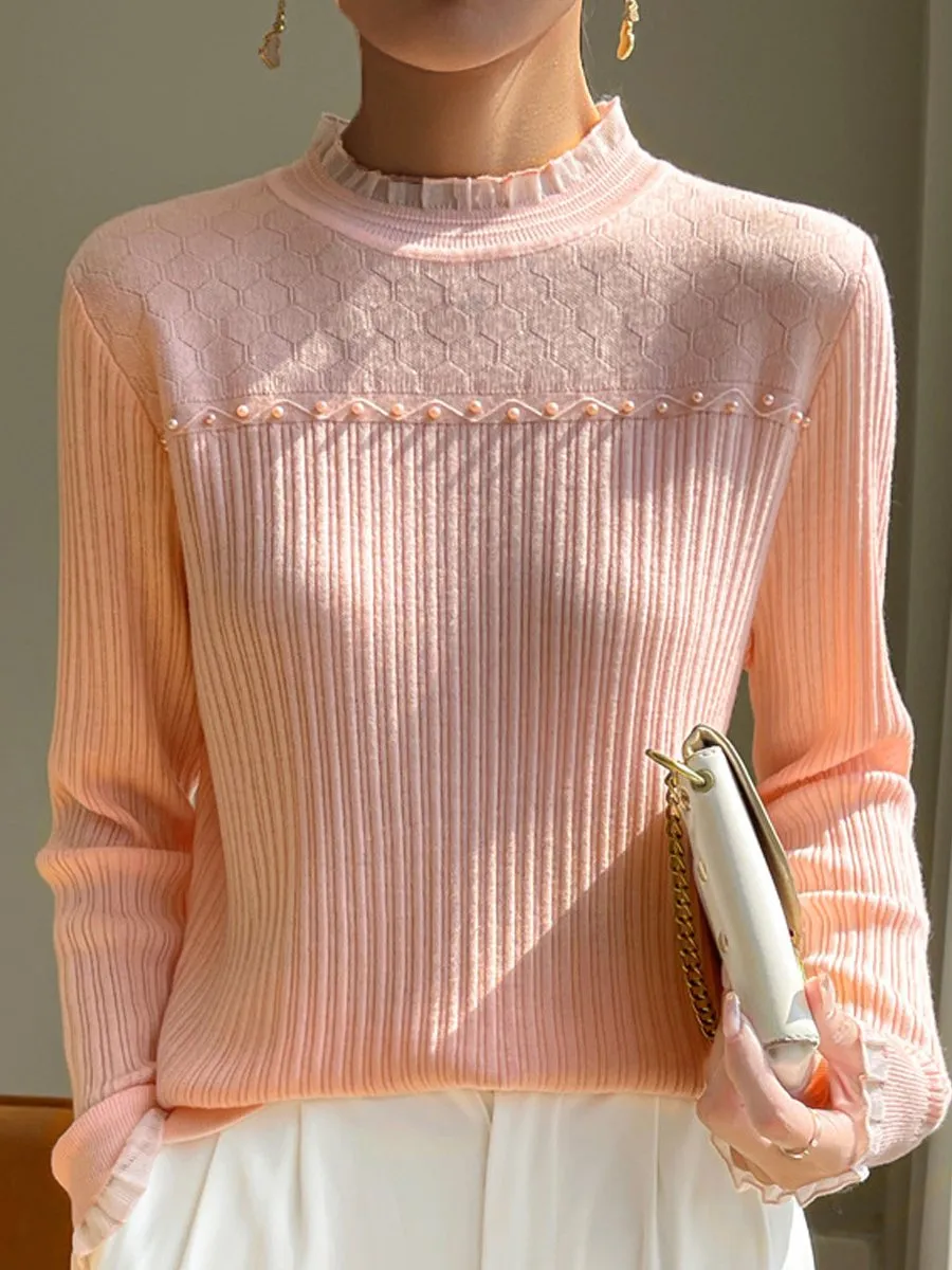 Lace Trim Turtleneck Pure Wool Sweater