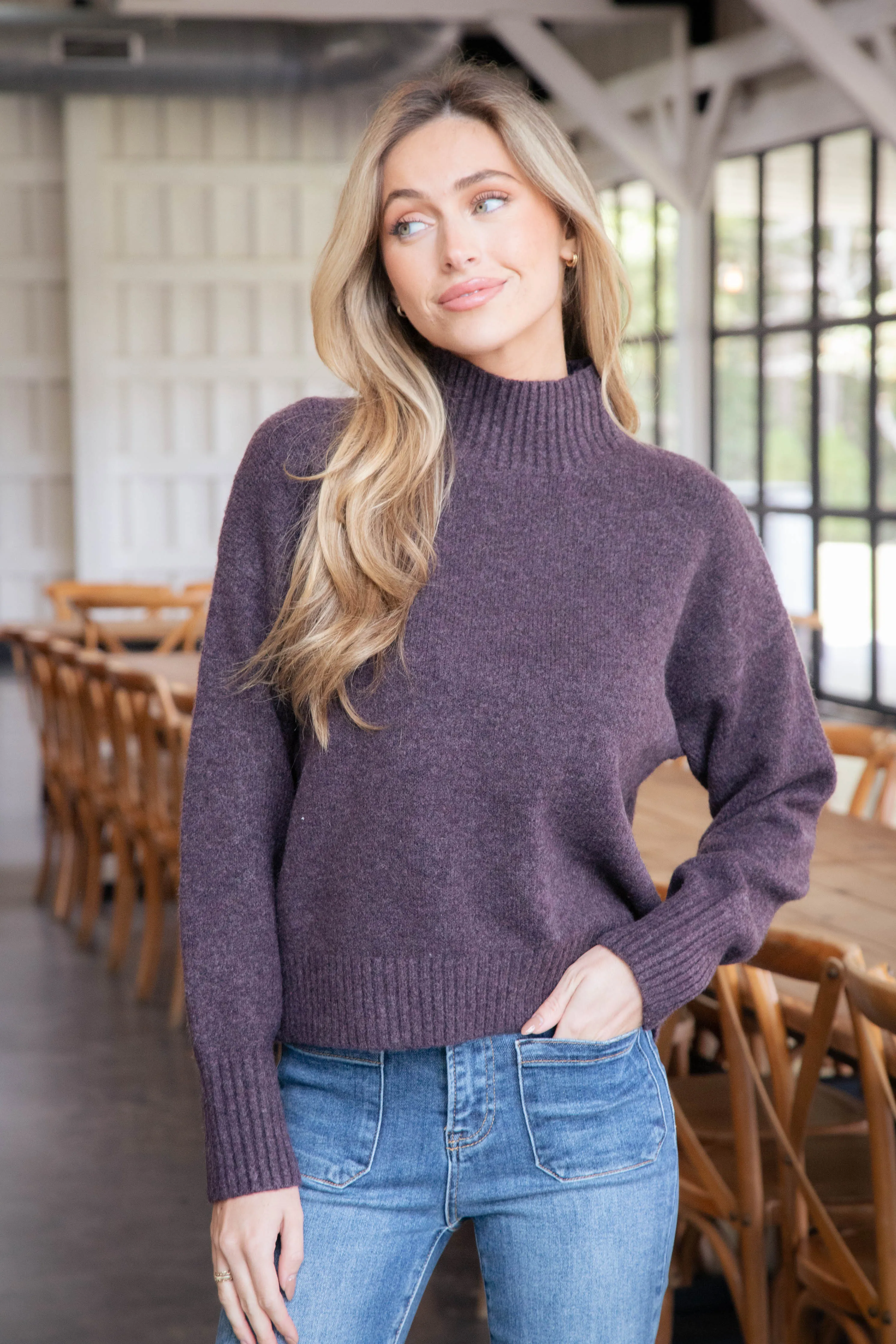 Lani Rib Cuff Sweater, Dark Plum