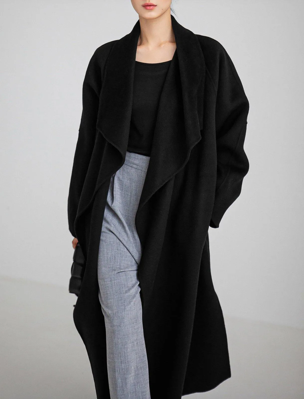 Loose Wrap Belted Wool Blend Long Coat