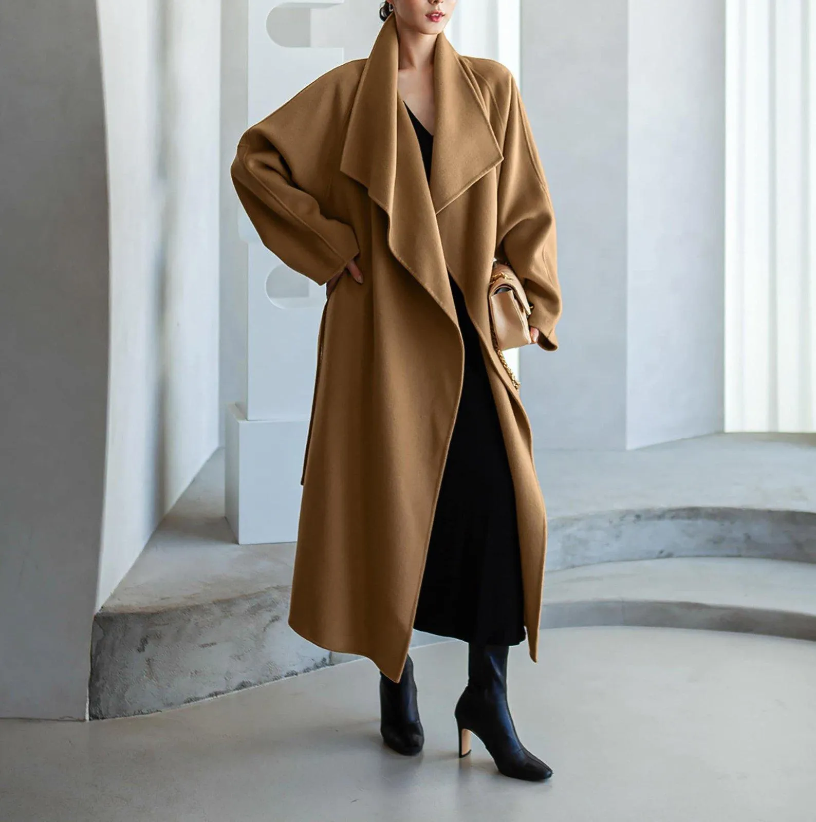 Loose Wrap Belted Wool Blend Long Coat