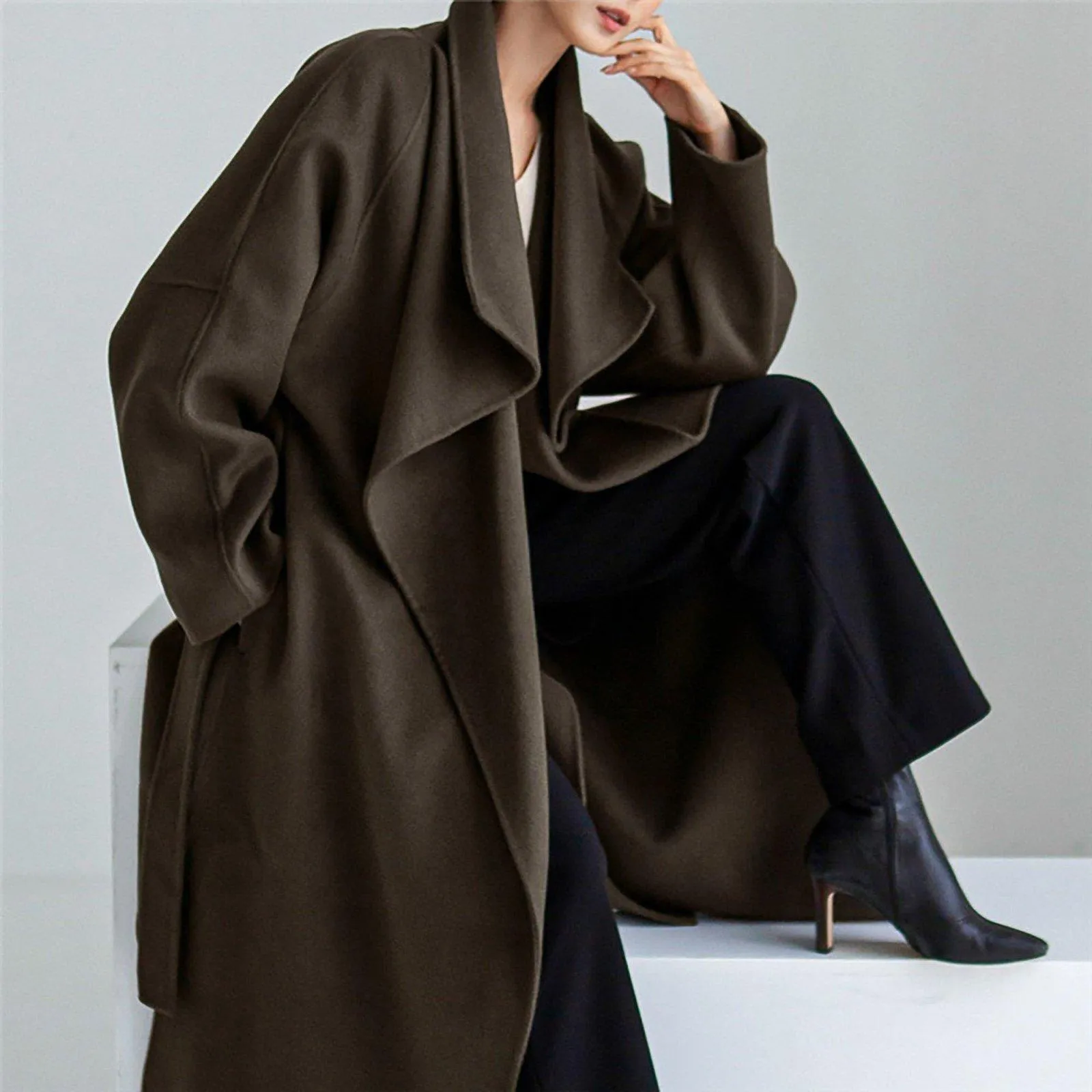 Loose Wrap Belted Wool Blend Long Coat