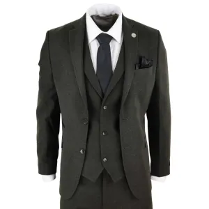 STZ11 - Men's Wool 3 Piece Suit Tweed Olive Green Black Classic