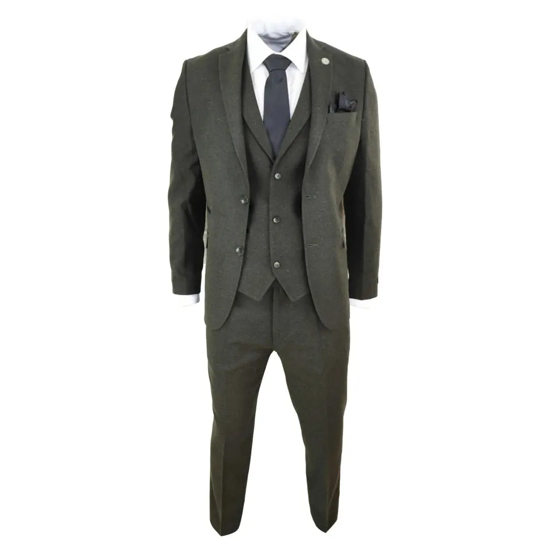 STZ11 - Men's Wool 3 Piece Suit Tweed Olive Green Black Classic