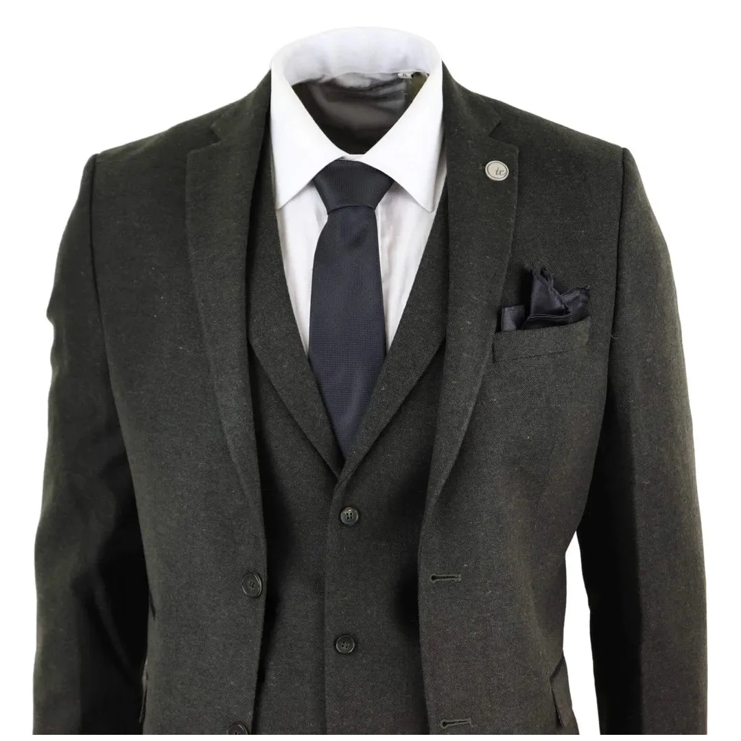 STZ11 - Men's Wool 3 Piece Suit Tweed Olive Green Black Classic