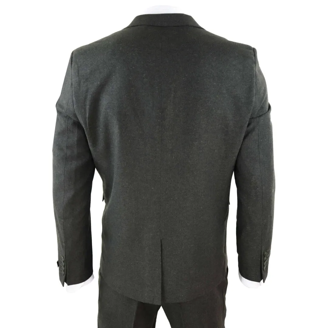 STZ11 - Men's Wool 3 Piece Suit Tweed Olive Green Black Classic