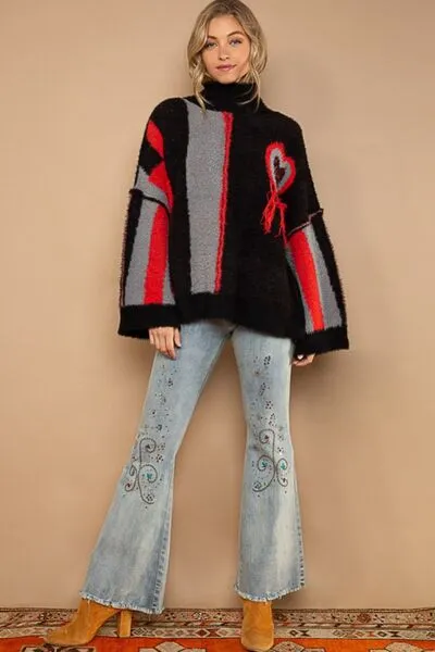 Turtleneck Color Block Fringe Sweater