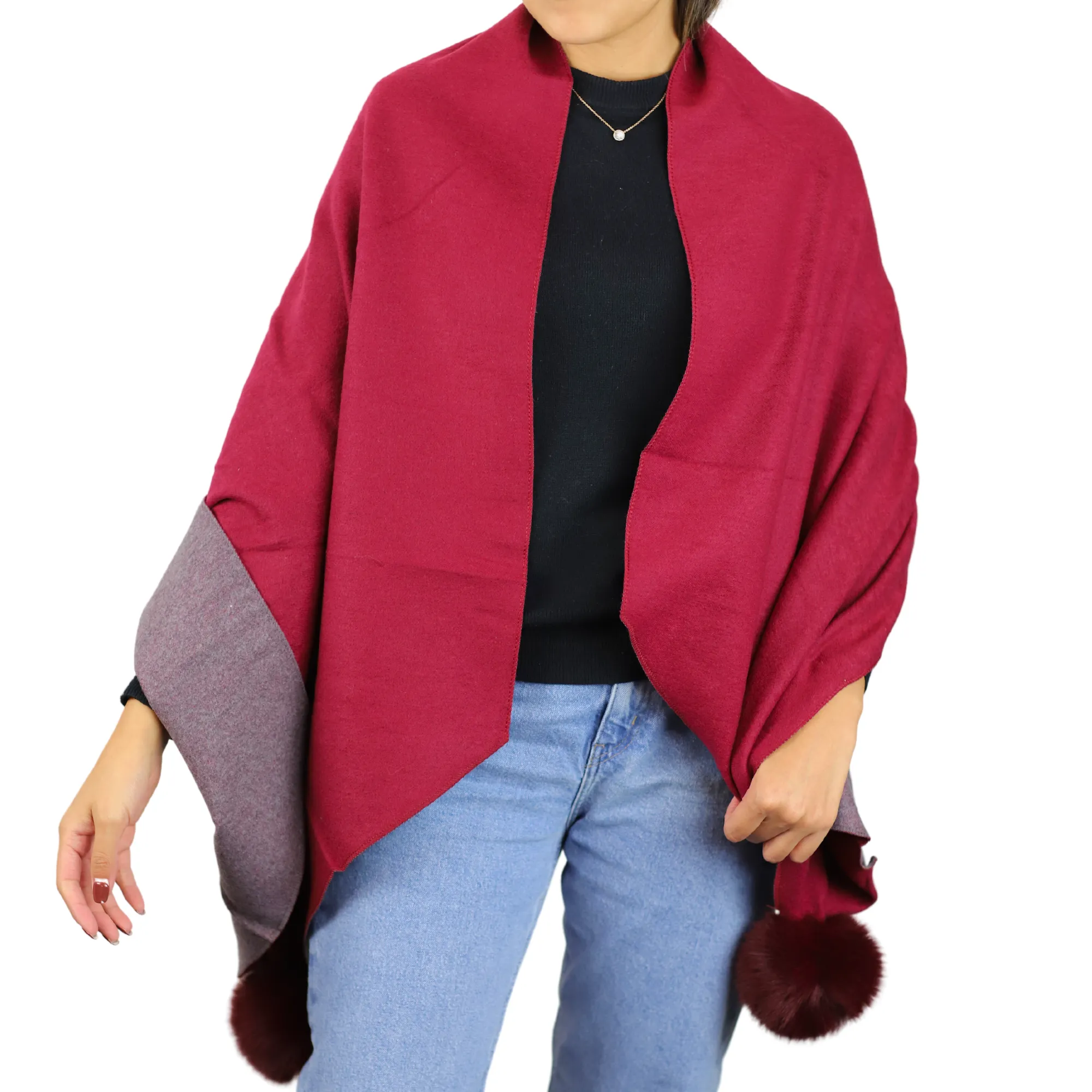 Two Tone Scarf with Faux Fur Poms in Wine