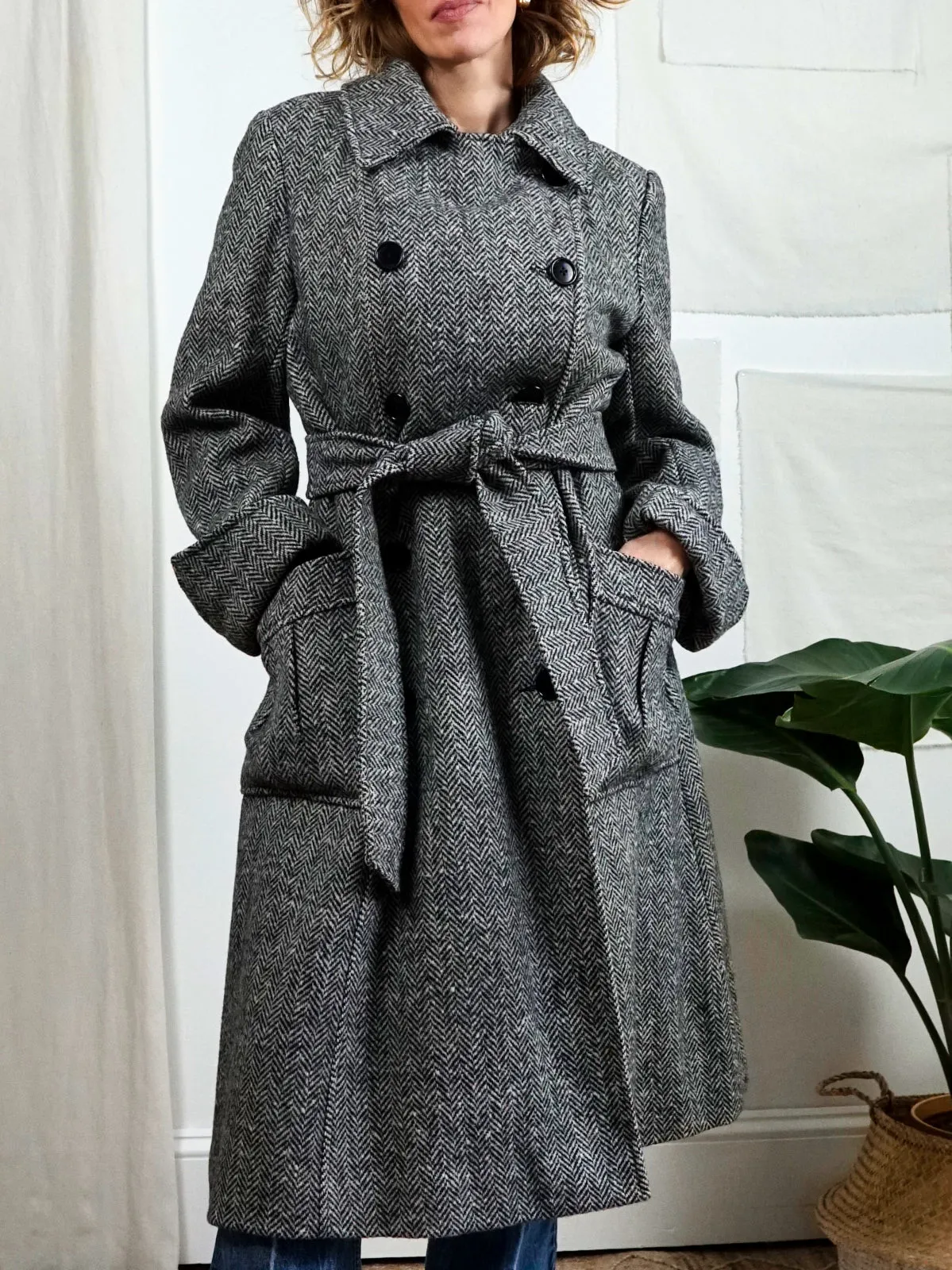 Vintage Herringbone Wool Belted Coat