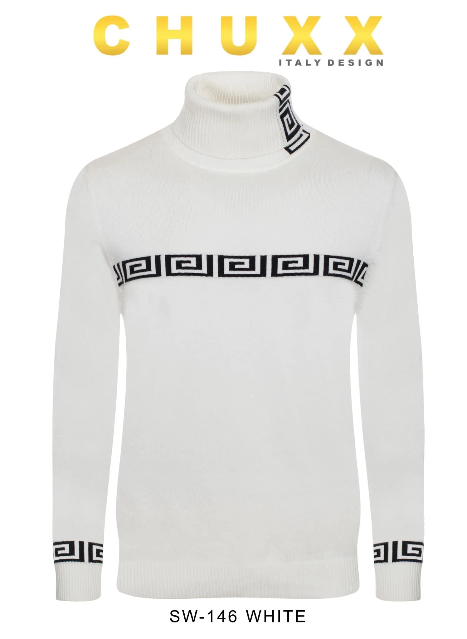 White Greek Key Italian Designer Men's Turtleneck Sweater Regular-Fit SW-146