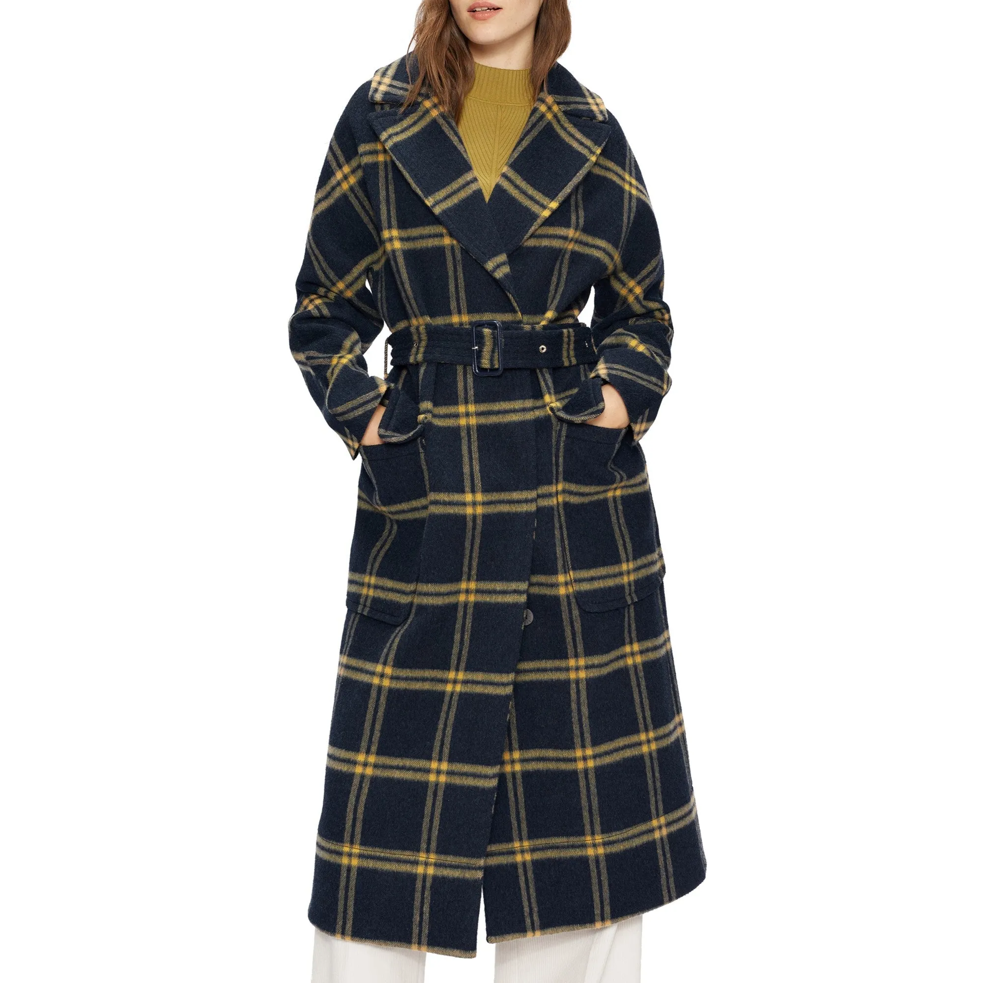 Women Wmo-Adelyyn-Brushed Wool Check Belted Coat - Dk-Navy