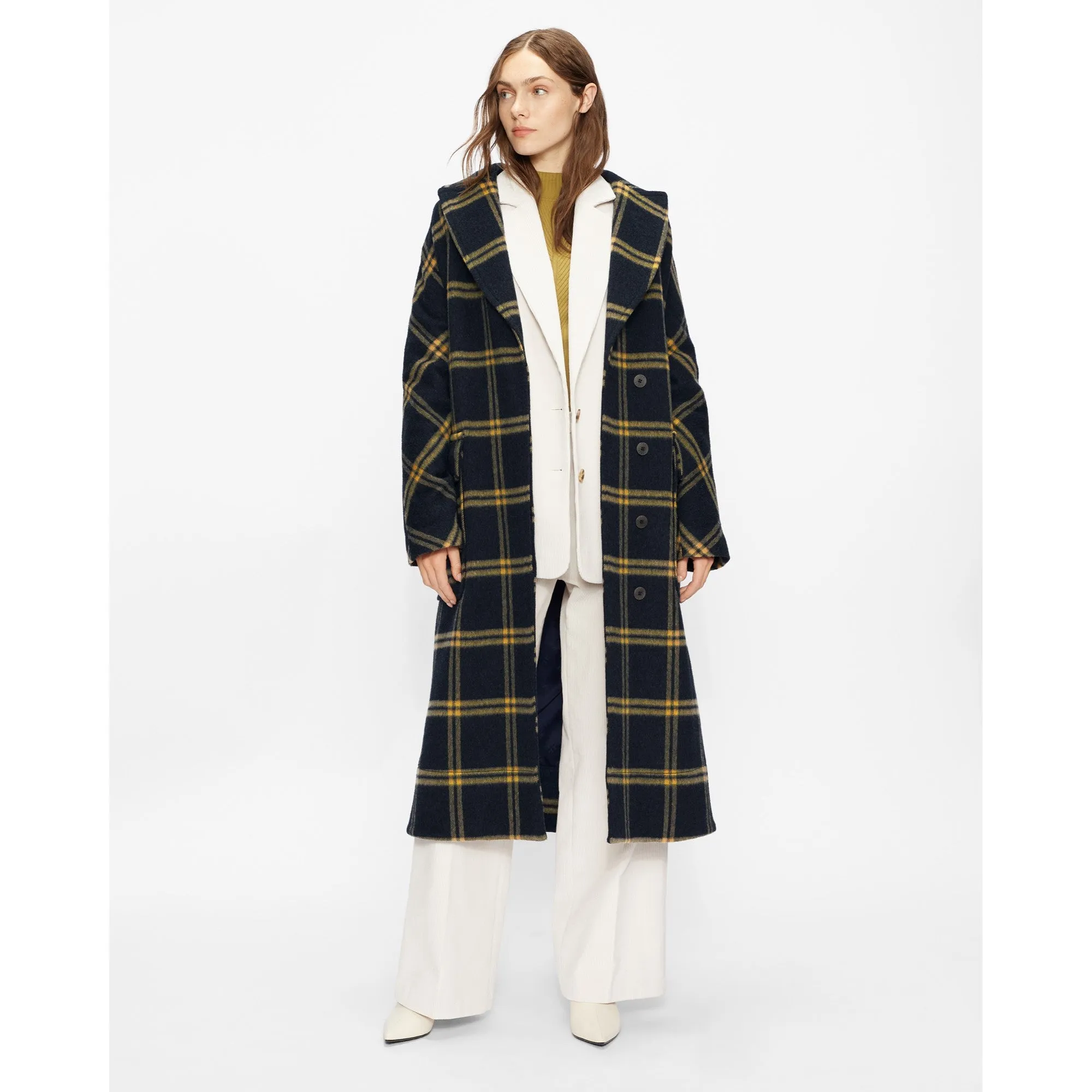 Women Wmo-Adelyyn-Brushed Wool Check Belted Coat - Dk-Navy