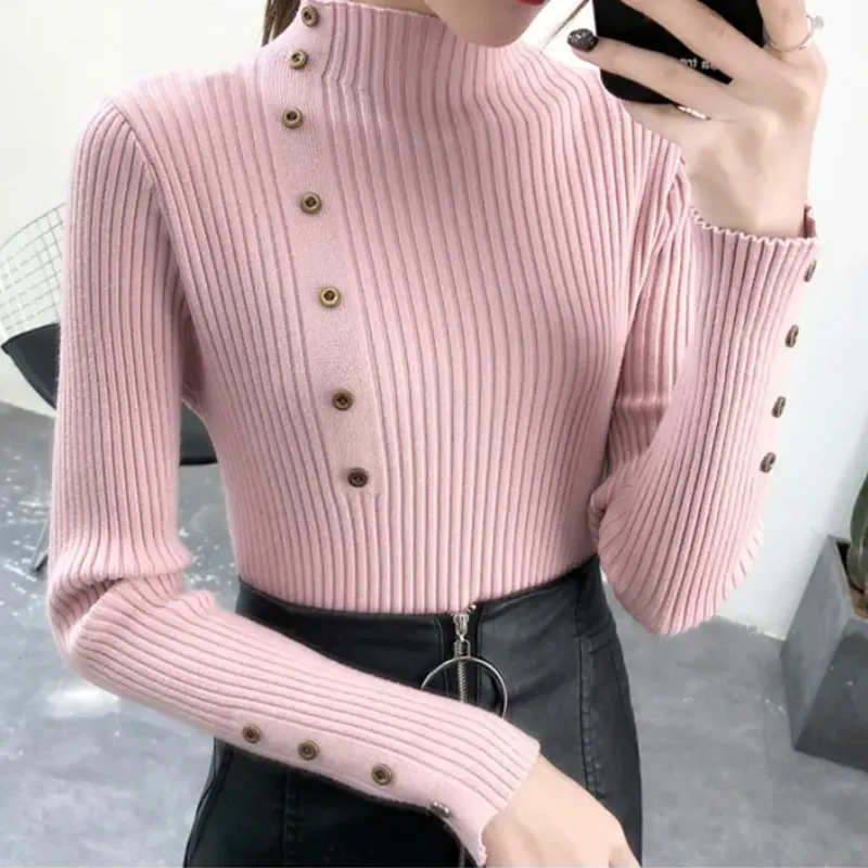 Women's Elastic Knitted Slim Fit Turtleneck Jumper with Buttons | Ideal for Autumn/Winter